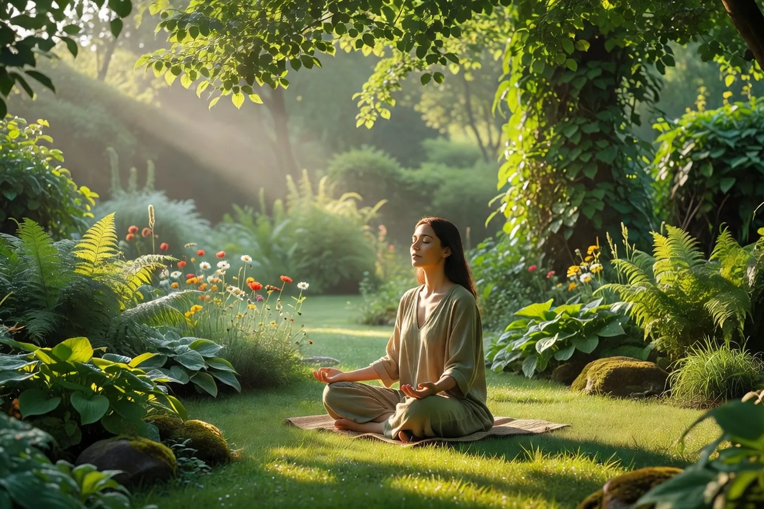 Femme en méditation dans un jardin verdoyant, lumière matinale dorée